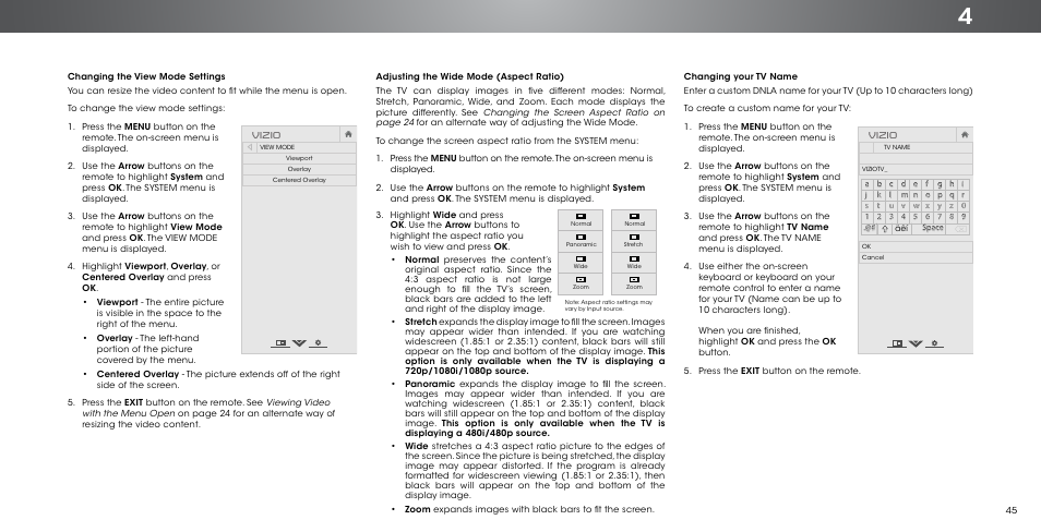 Adjusting the wide mode (aspect ratio), Changing the view mode, Vizio | Vizio P552ui-B2 - User Manual User Manual | Page 45 / 69