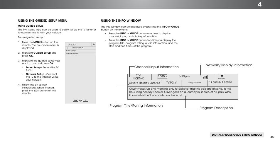 Using the guided setup menu using guided setup, Using the info window, Using | Channel/input information, Using the guided setup menu | Vizio P552ui-B2 - User Manual User Manual | Page 48 / 69