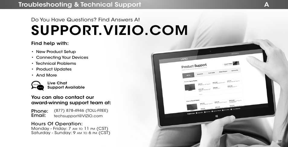 Troubleshooting & technical support, Atroubleshooting & technical support, Do you have questions? find answers at | Vizio P552ui-B2 - User Manual User Manual | Page 59 / 69