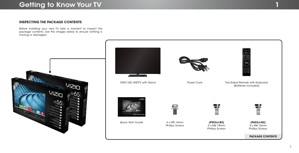 Getting to know your tv, Inspecting the package contents | Vizio P552ui-B2 - User Manual User Manual | Page 7 / 69