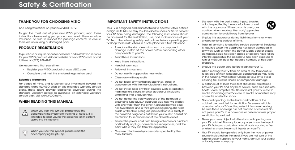 Safety & certification, Product registration, When reading this manual | Important safety instructions | Vizio P602ui-B3 - User Manual User Manual | Page 2 / 69