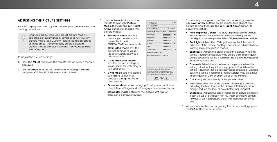 Adjusting the picture settings, Vizio | Vizio P602ui-B3 - User Manual User Manual | Page 25 / 69