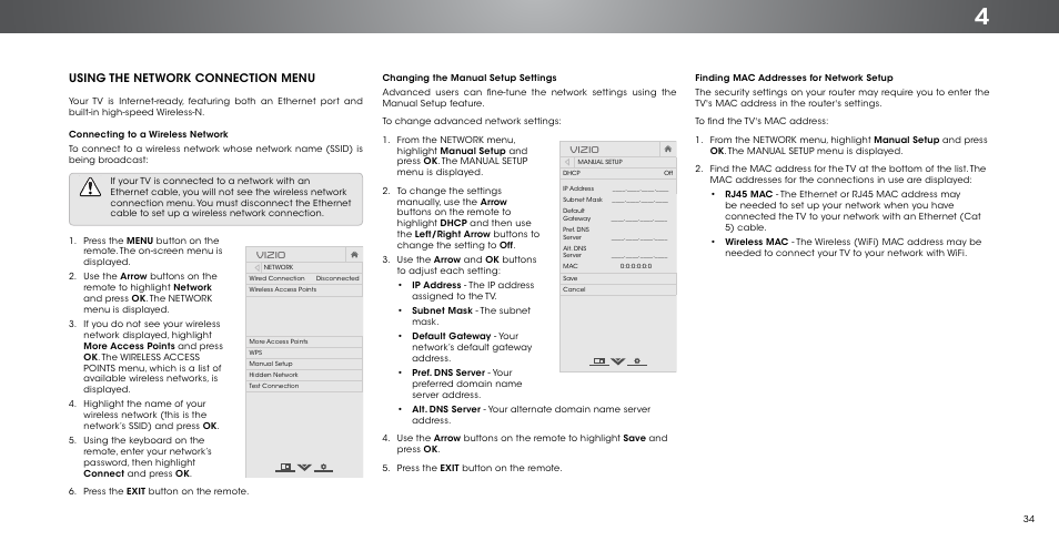 Using the network connection menu, Vizio | Vizio P602ui-B3 - User Manual User Manual | Page 34 / 69