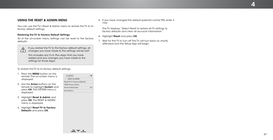 Using the reset & admin menu, Vizio | Vizio P602ui-B3 - User Manual User Manual | Page 47 / 69