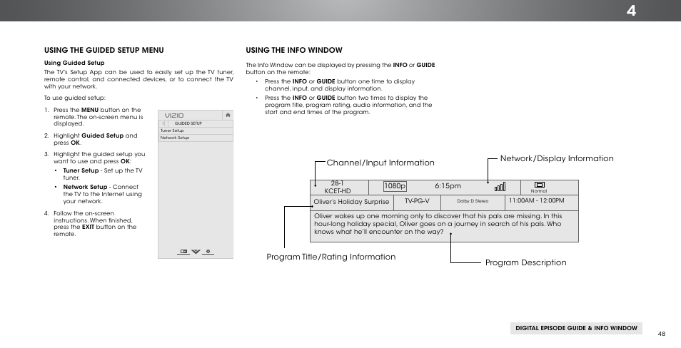 Using, Channel/input information, Using the guided setup menu | Using the info window | Vizio P602ui-B3 - User Manual User Manual | Page 48 / 69