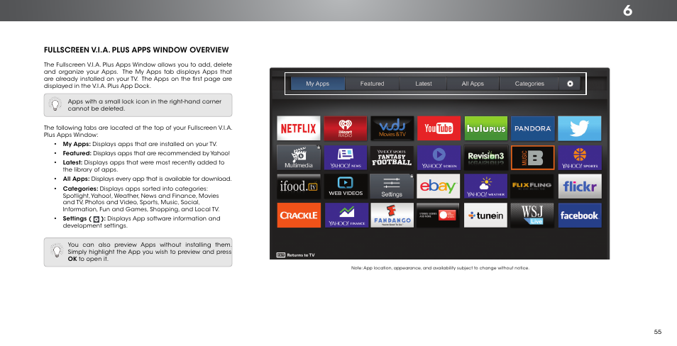 Fullscreen v.i.a. plus apps window overview | Vizio P602ui-B3 - User Manual User Manual | Page 55 / 69