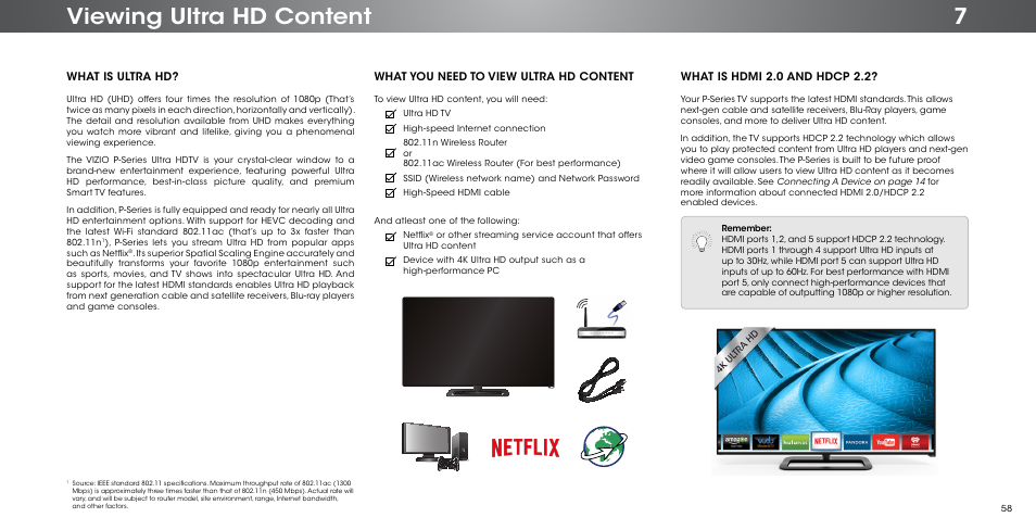 Viewing ultra hd content, What you need to view ultra hd content, What is ultra hd | What is hdmi 2.0 and hdcp 2.2 | Vizio P602ui-B3 - User Manual User Manual | Page 58 / 69