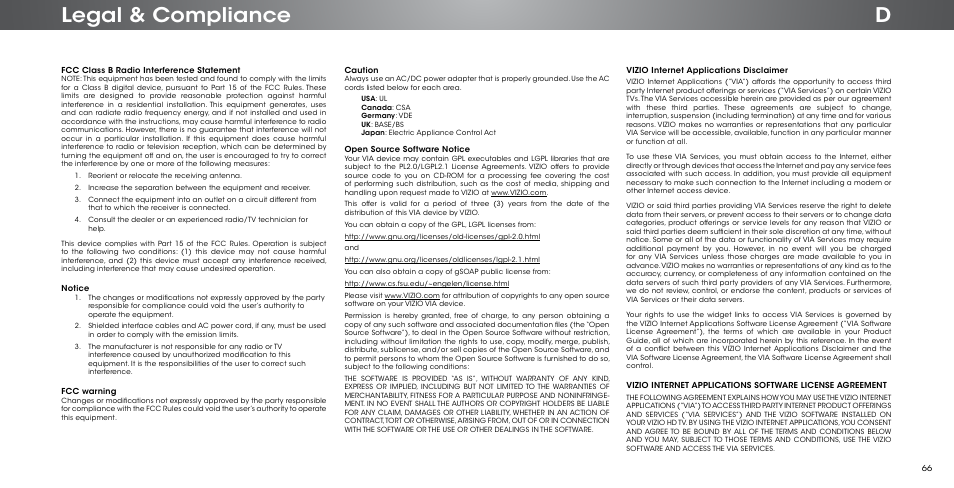 Dlegal & compliance | Vizio P602ui-B3 - User Manual User Manual | Page 66 / 69