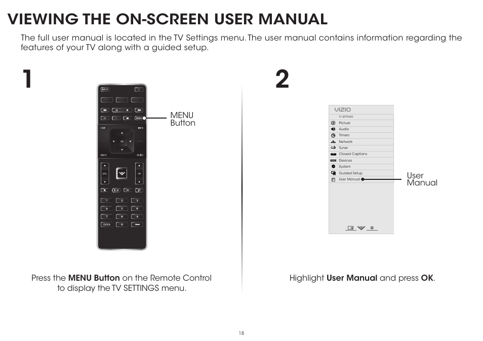 Viewing the on-screen user manual, Highlight user manual and press ok, User manual | Vizio P602ui-B3 - Quickstart Guide User Manual | Page 18 / 32