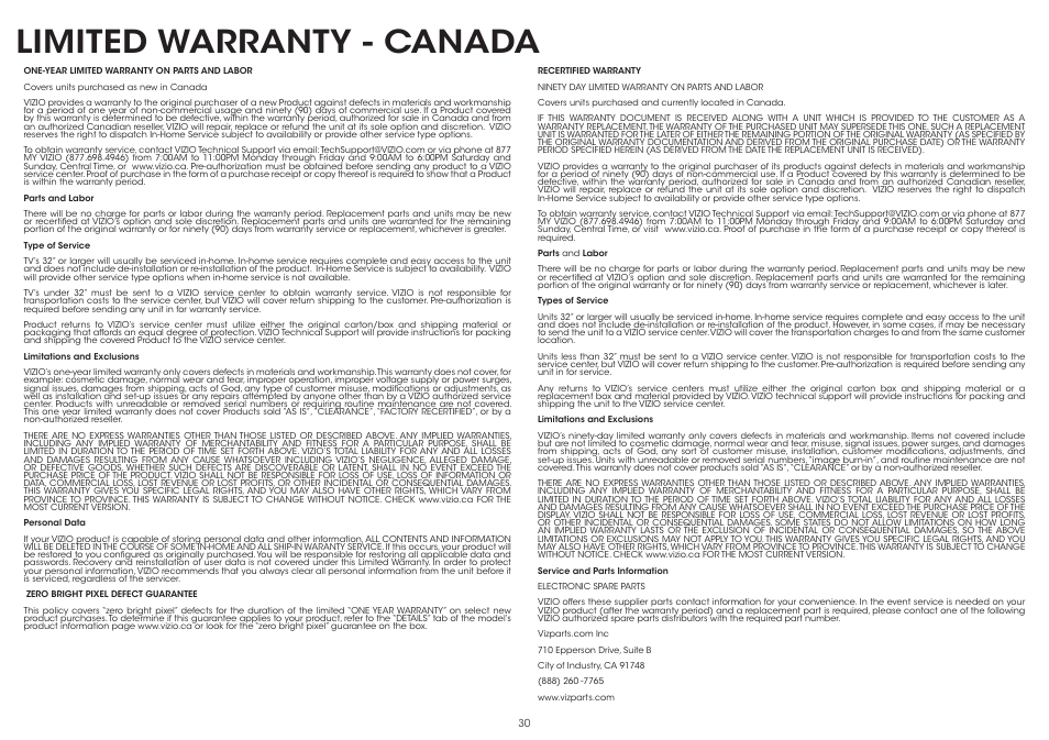 Limited warranty - canada | Vizio P602ui-B3 - Quickstart Guide User Manual | Page 30 / 32