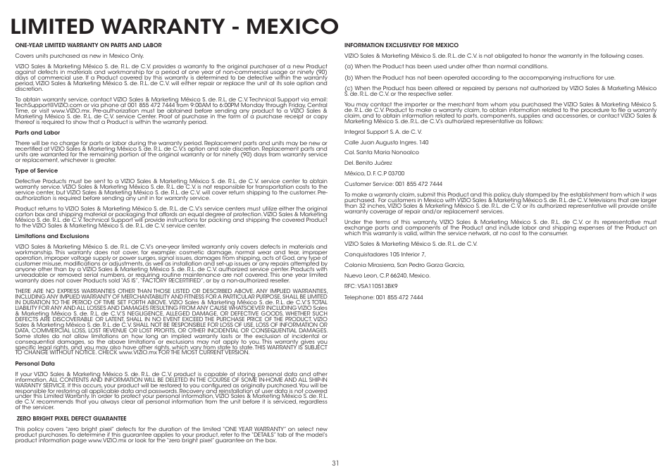 Limited warranty - mexico | Vizio P602ui-B3 - Quickstart Guide User Manual | Page 31 / 32