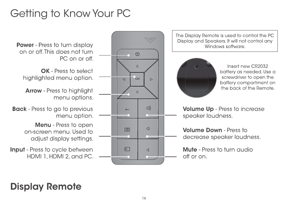 Display remote, Getting to know your pc | Vizio CA27-A0 - Quickstart Guide User Manual | Page 18 / 36