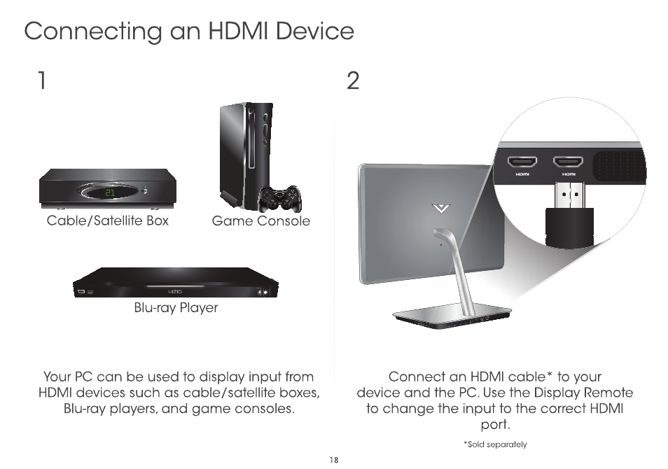 Connecting an hdmi device | Vizio CA27-A0 - Quickstart Guide User Manual | Page 20 / 36