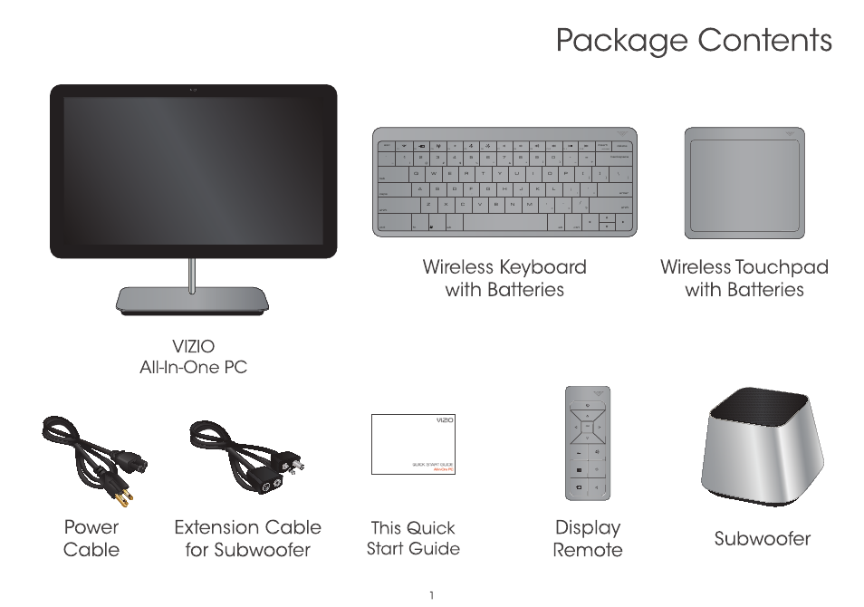 Package contents, Power extension cable cable for subwoofer, Wireless keyboard with batteries | Vizio CA27-A0 - Quickstart Guide User Manual | Page 3 / 36