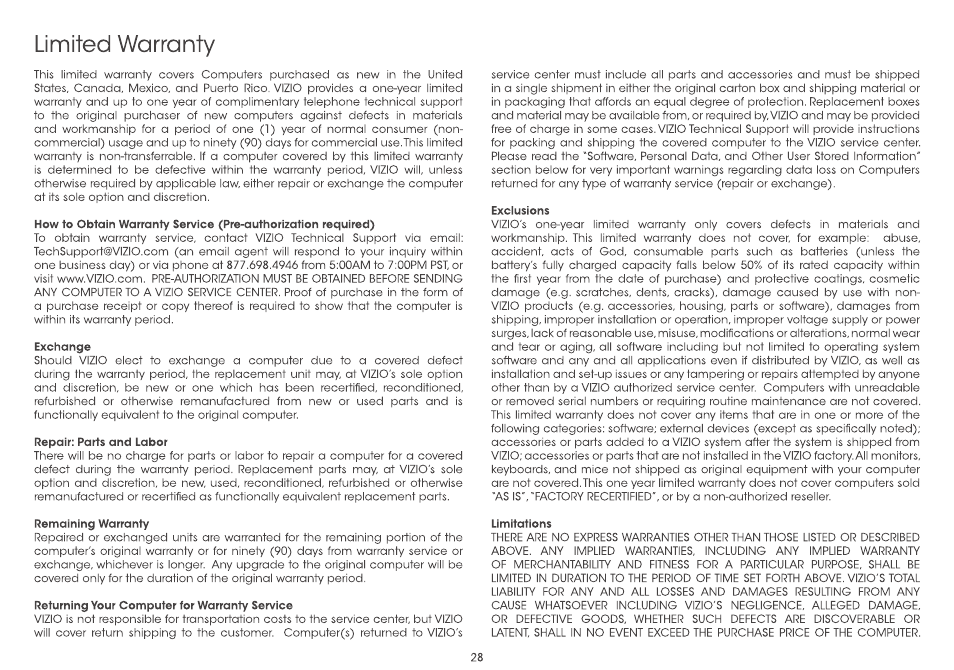 Limited warranty | Vizio CA27-A0 - Quickstart Guide User Manual | Page 30 / 36