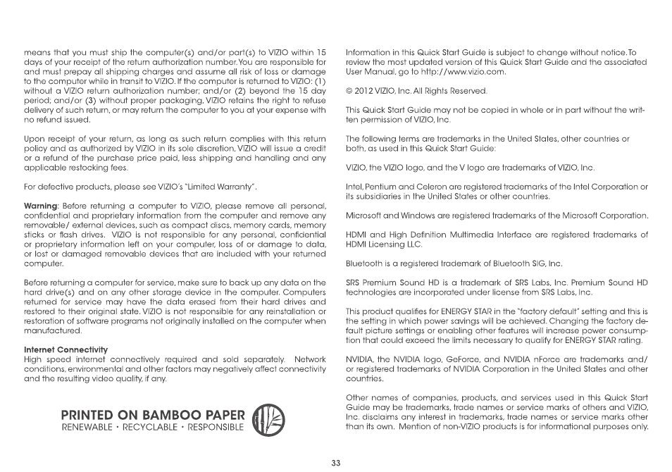 Printed o n bam bo o paper | Vizio CA27-A0 - Quickstart Guide User Manual | Page 35 / 36