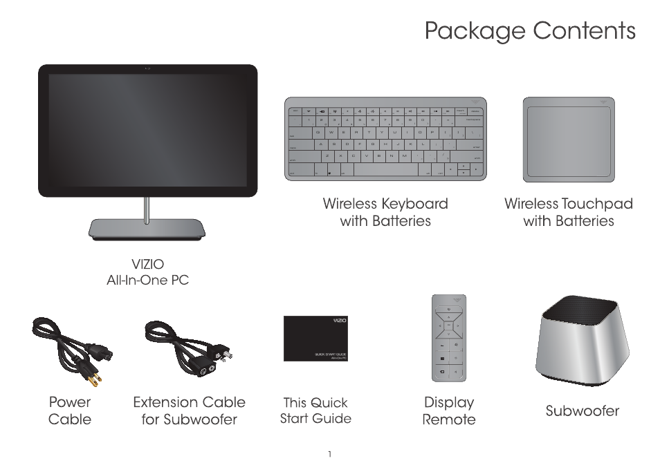 Package contents, 11n0, Power extension cable cable for subwoofer | Wireless keyboard with batteries | Vizio CA24-A4 - Quickstart Guide User Manual | Page 3 / 40