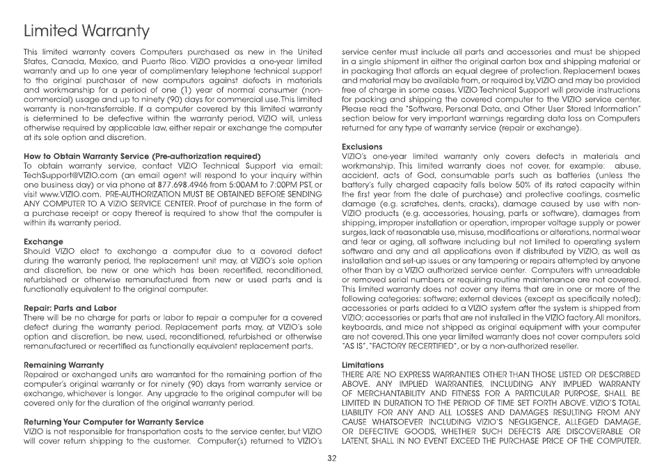 Limited warranty | Vizio CA24-A4 - Quickstart Guide User Manual | Page 34 / 40