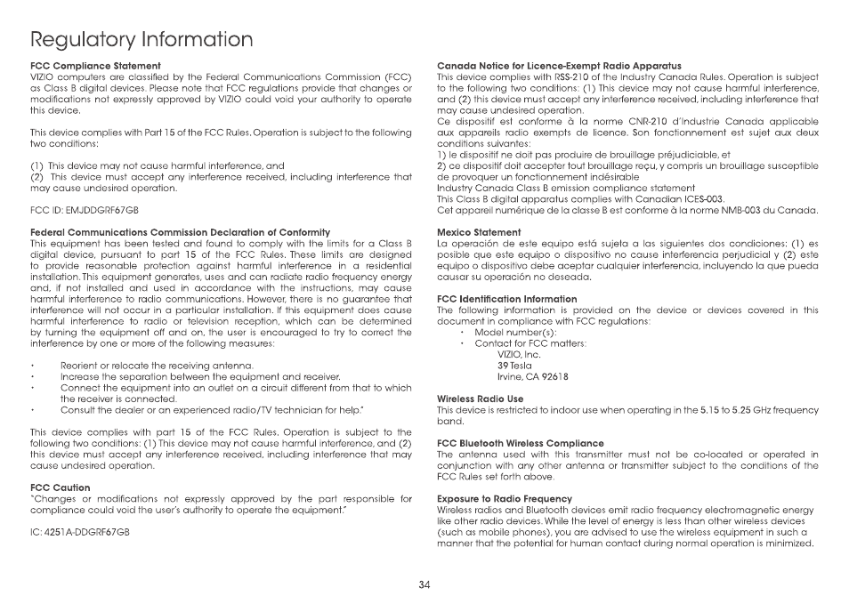 Regulatory information | Vizio CA24-A4 - Quickstart Guide User Manual | Page 36 / 40