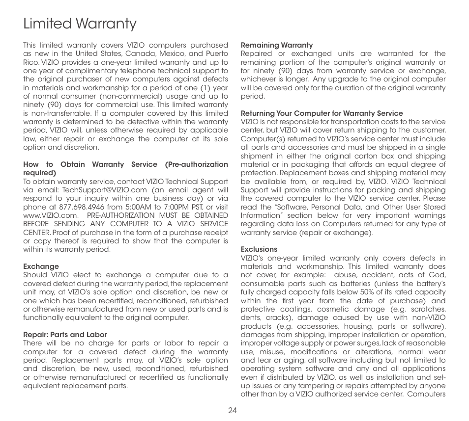 Limited warranty | Vizio CT14-A0 - Quickstart Guide User Manual | Page 26 / 36