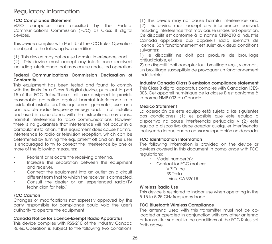 Regulatory information | Vizio CT14-A0 - Quickstart Guide User Manual | Page 28 / 36