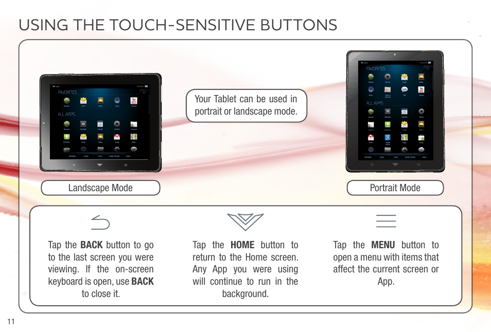 Using the touch-sensitive buttons | Vizio VTAB1008 - Quickstart Guide User Manual | Page 12 / 20