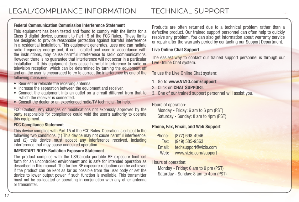 Legal/compliance information technical support | Vizio VTAB1008 - Quickstart Guide User Manual | Page 18 / 20