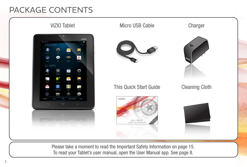 Package contents | Vizio VTAB1008 - Quickstart Guide User Manual | Page 2 / 20