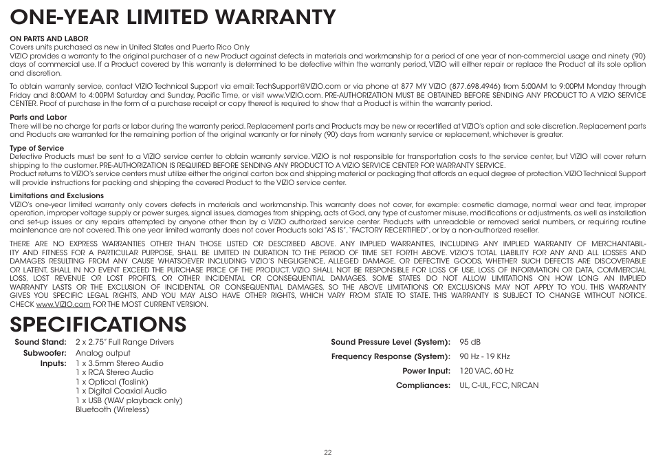 One-year limited warranty, Specifications | Vizio S2120w-E0D - Quickstart Guide User Manual | Page 24 / 26