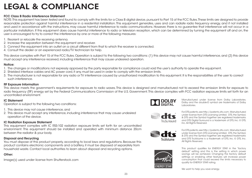 Legal & compliance | Vizio S2120w-E0D - Quickstart Guide User Manual | Page 25 / 26