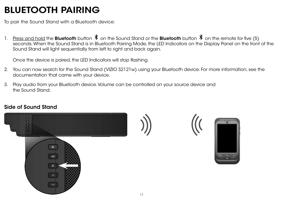 Bluetooth pairing | Vizio S2121w-D0 - Quickstart Guide User Manual | Page 15 / 24
