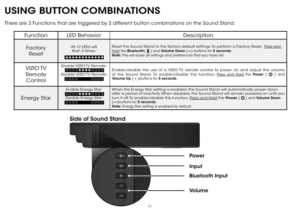 Using button combinations | Vizio S2121w-D0 - Quickstart Guide User Manual | Page 18 / 24