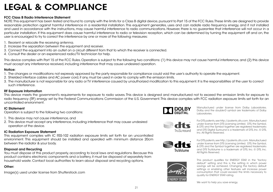 Legal & compliance | Vizio S2121w-D0 - Quickstart Guide User Manual | Page 23 / 24