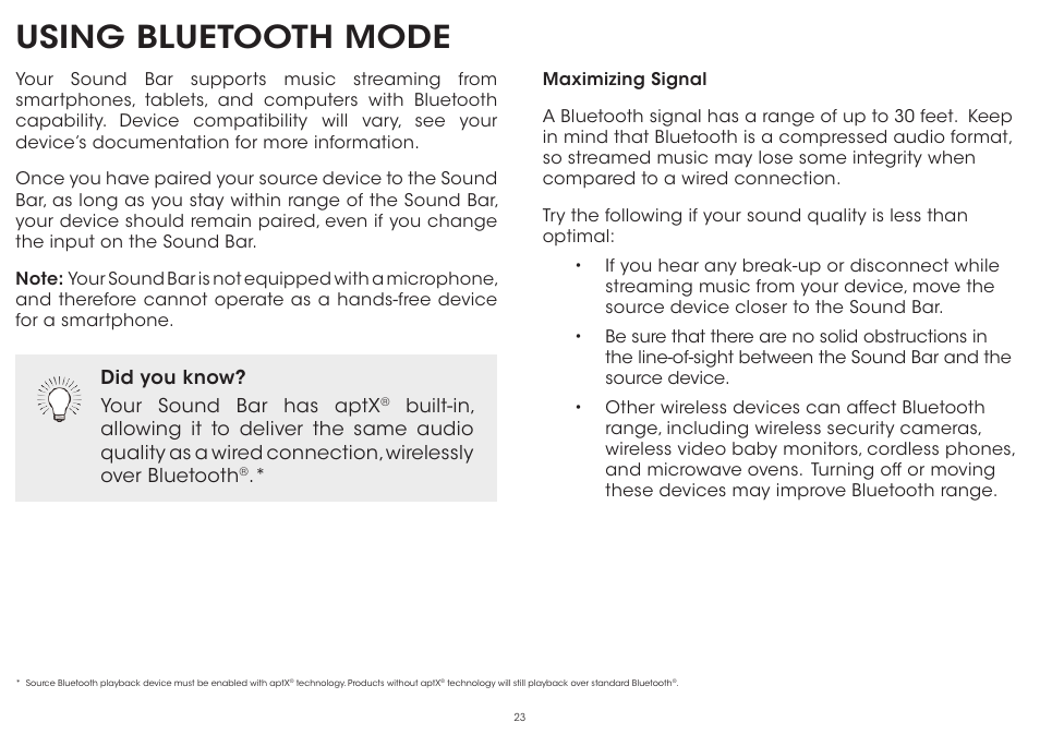 Using bluetooth mode | Vizio S5451w-C2 - Quickstart Guide User Manual | Page 23 / 34