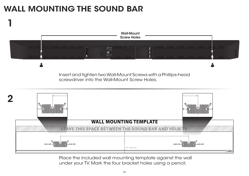 Wall mounting the sound bar | Vizio S5451w-C2 - Quickstart Guide User Manual | Page 26 / 34