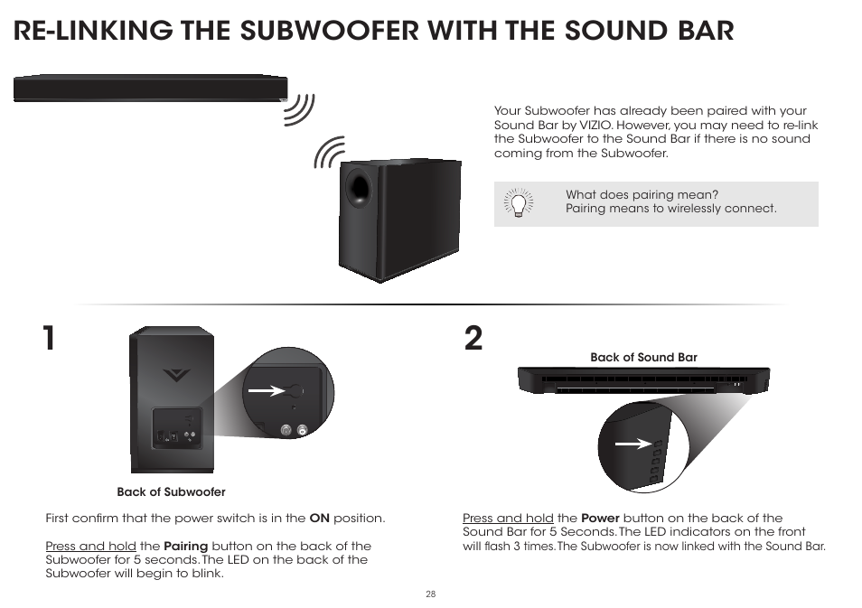 Re-linking the subwoofer with the sound bar | Vizio S5451w-C2 - Quickstart Guide User Manual | Page 28 / 34