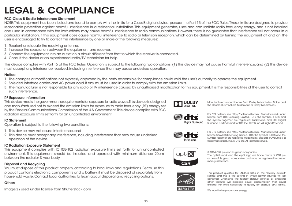 Legal & compliance | Vizio S5451w-C2 - Quickstart Guide User Manual | Page 33 / 34