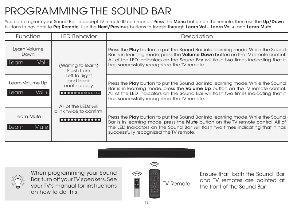 Programming the sound bar | Vizio S3851w-D4 - Quickstart Guide User Manual | Page 18 / 36