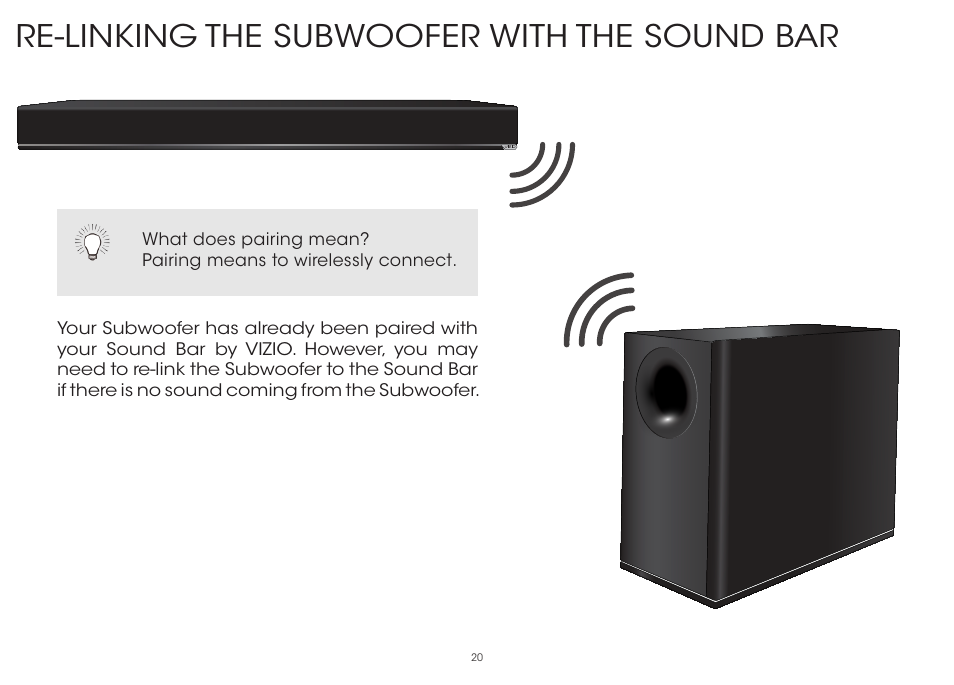 Re-linking the subwoofer with the sound bar | Vizio S3851w-D4 - Quickstart Guide User Manual | Page 20 / 36