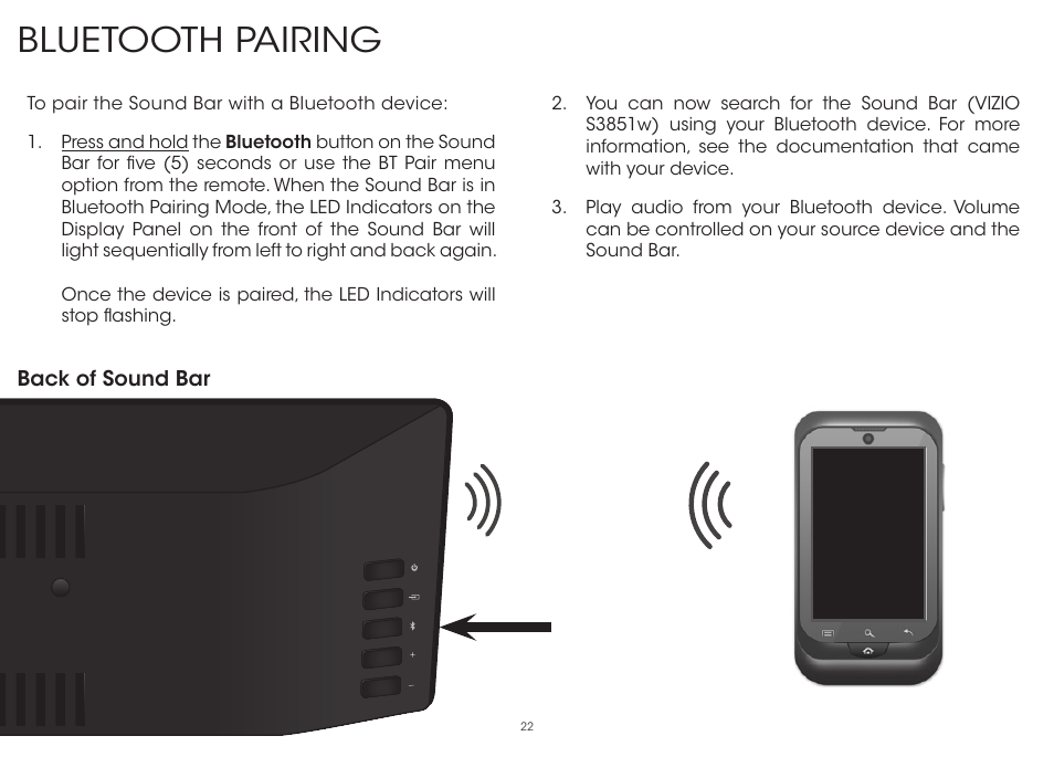 Bluetooth pairing | Vizio S3851w-D4 - Quickstart Guide User Manual | Page 22 / 36