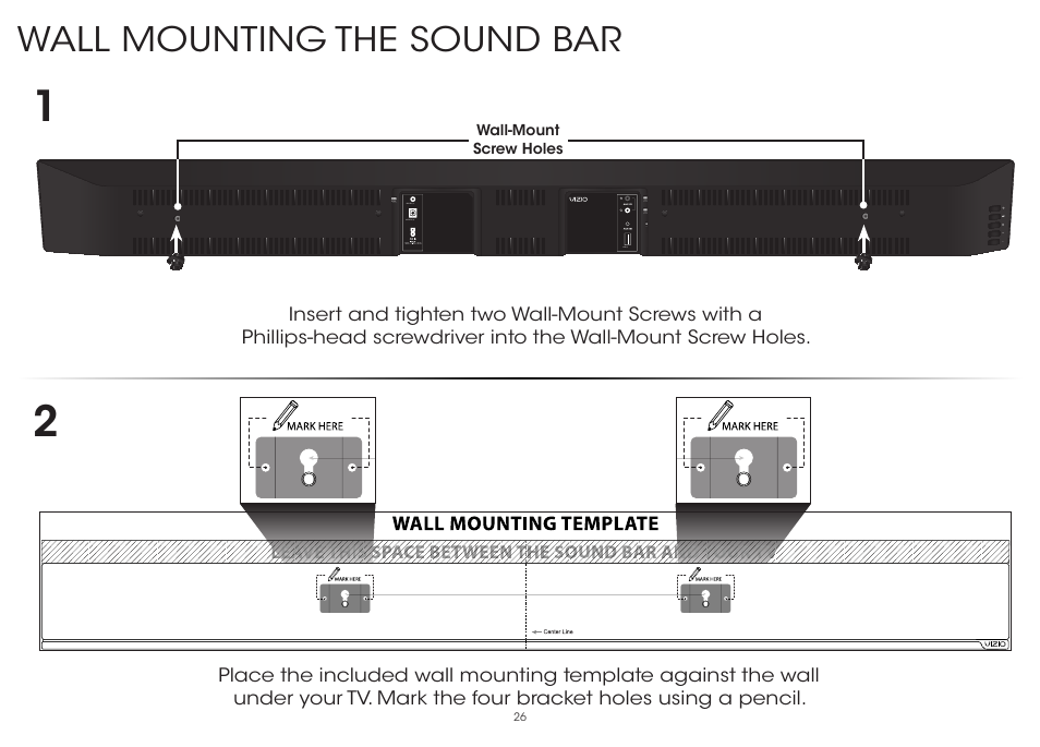 Wall mounting the sound bar | Vizio S3851w-D4 - Quickstart Guide User Manual | Page 26 / 36