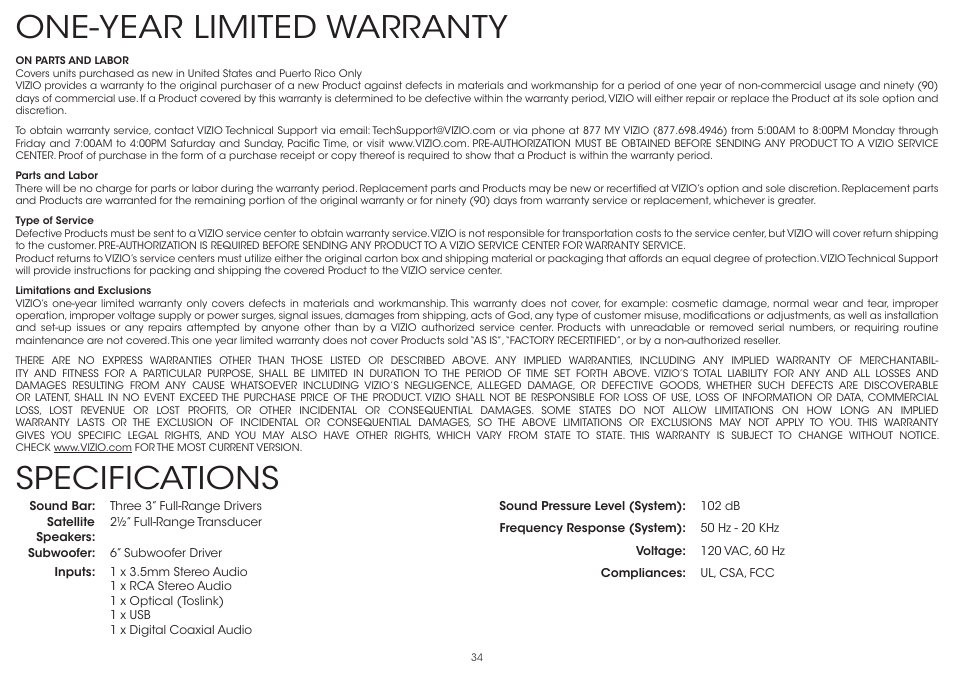 One-year limited warranty, Specifications | Vizio S3851w-D4 - Quickstart Guide User Manual | Page 34 / 36