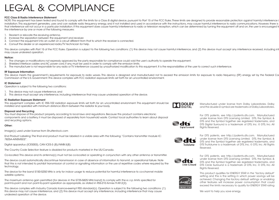Legal & compliance | Vizio S3851w-D4 - Quickstart Guide User Manual | Page 35 / 36