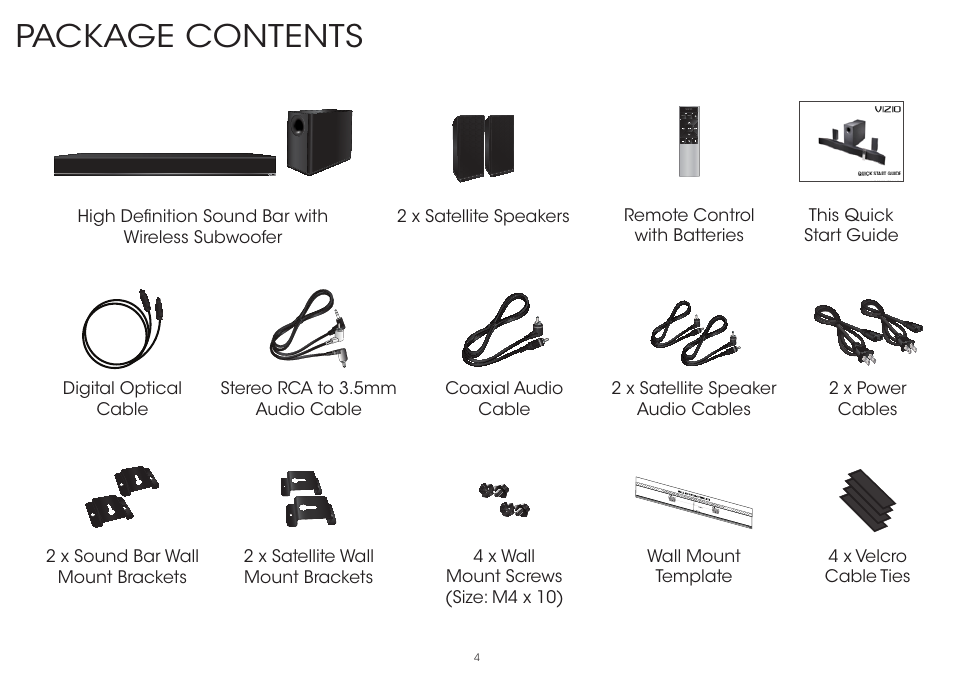 Package contents | Vizio S3851w-D4 - Quickstart Guide User Manual | Page 4 / 36