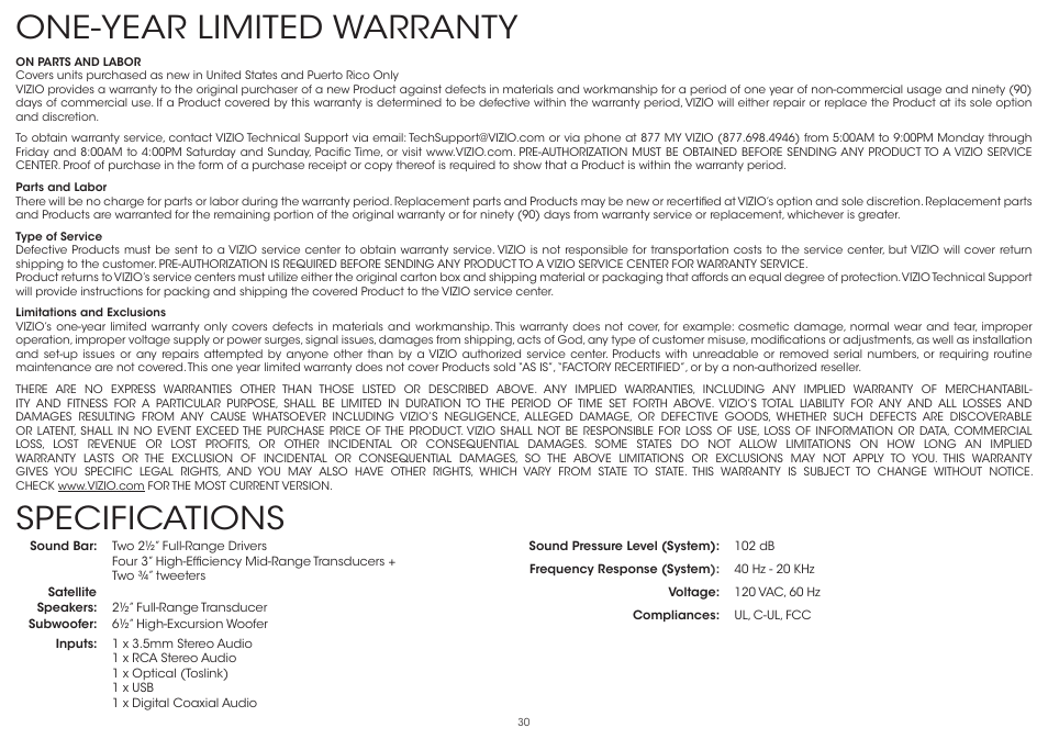 One-year limited warranty, Specifications | Vizio S4251w-B4 - Quickstart Guide User Manual | Page 30 / 32