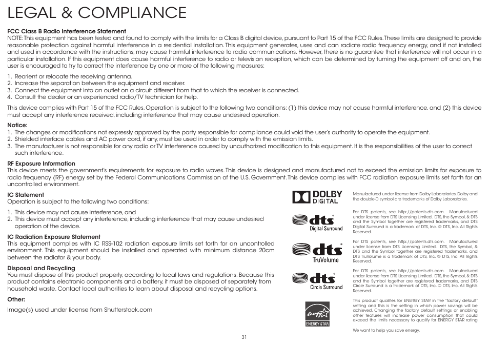 Legal & compliance | Vizio S4251w-B4 - Quickstart Guide User Manual | Page 31 / 32