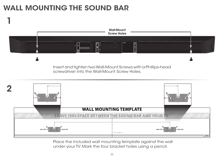 Wall mounting the sound bar | Vizio S5430w-C2 - Quickstart Guide User Manual | Page 23 / 28