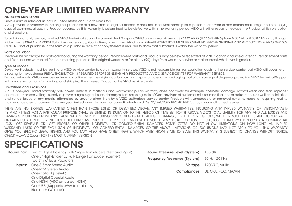 Specifications one-year limited warranty | Vizio S5430w-C2 - Quickstart Guide User Manual | Page 26 / 28