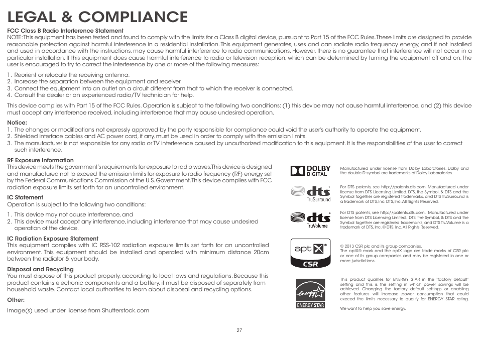 Legal & compliance | Vizio S5430w-C2 - Quickstart Guide User Manual | Page 27 / 28