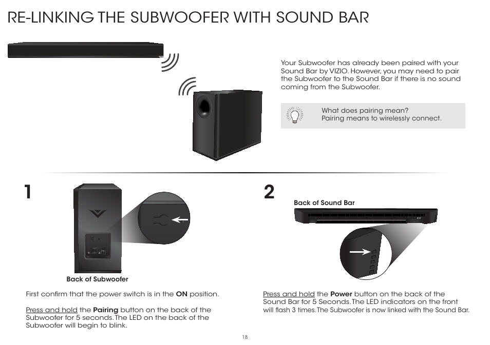 Re-linking the subwoofer with sound bar | Vizio S4221w-C4 - Quickstart Guide User Manual | Page 18 / 32